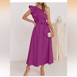 Wedding guest clean girl Magenta Purple One-Shoulder ruffle midi Dress XL